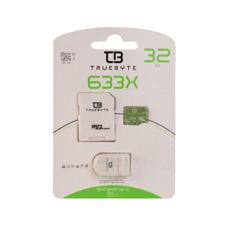 کارت حافظه microSDHC تروبایت مدل A1-V30-633X کلاس 10 استاندارد UHS-I U3 سرعت UHS-I U3 سرعت 95MBps ظرفیت 32 گیگابایت به همراه آداپتور SD و کارت خوان