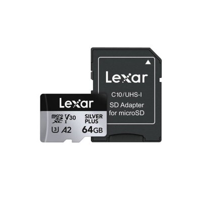 کارت حافظه microSDXC لکسار مدل SILVER PLUS کلاس A2 استاندارد UHS-U3 سرعت 205MBps ظرفیت 64 گیگابایت به همراه آداپتور SD