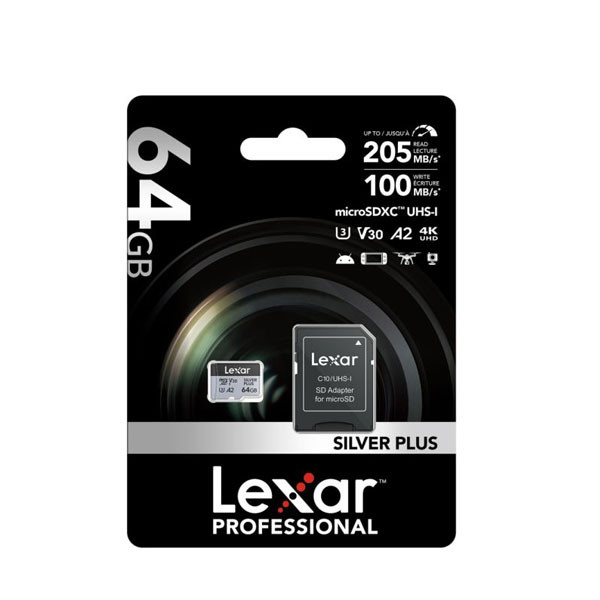 کارت حافظه microSDXC لکسار مدل SILVER PLUS کلاس A2 استاندارد UHS-U3 سرعت 205MBps ظرفیت 64 گیگابایت به همراه آداپتور SD