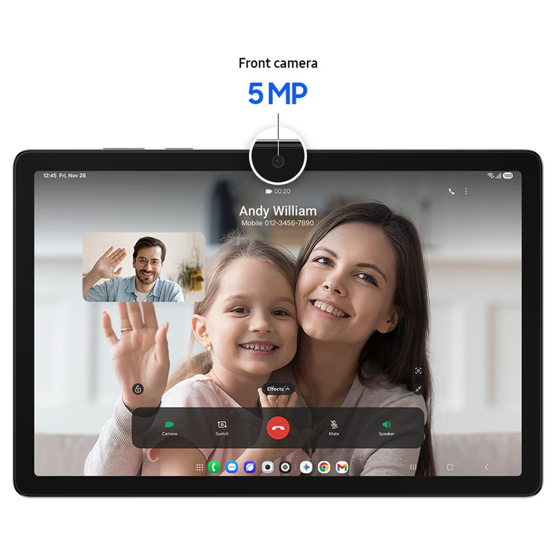 تبلت 11 اینچ سامسونگ مدل Galaxy Tab A11 Plus 5G، ظرفیت 128 گیگابایت و رم 6 گیگابایت، قابلیت پشتیبانی از سیم کارت، رزولوشن دوربین 8 مگاپیکسل، به همراه شارژر دیواری 25 وات سامسونگ مدل EP-TA800